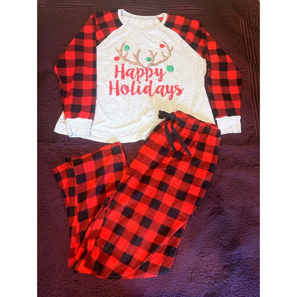 Women's Christmas Pajama Set 1X Happy Holidays Buffalo Plaid Pants Reindeer Set